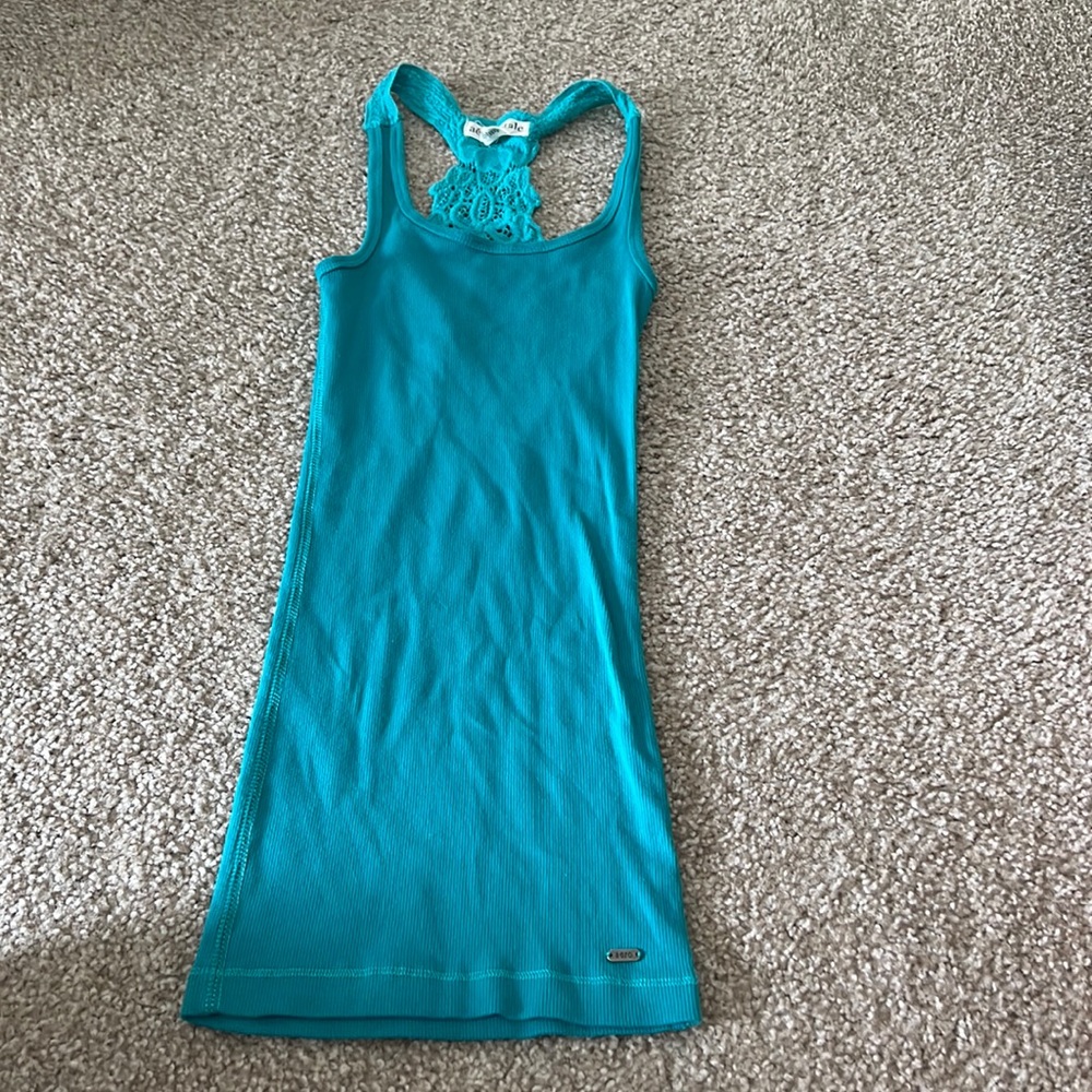Aeropostale brand woman’s tank top; fitted long length razor crotchet back XS